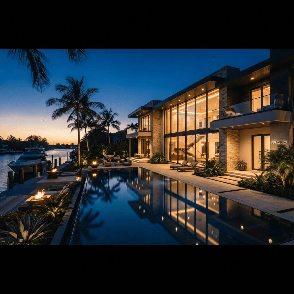 Modern luxury Florida custom home at dusk with pool and palm trees